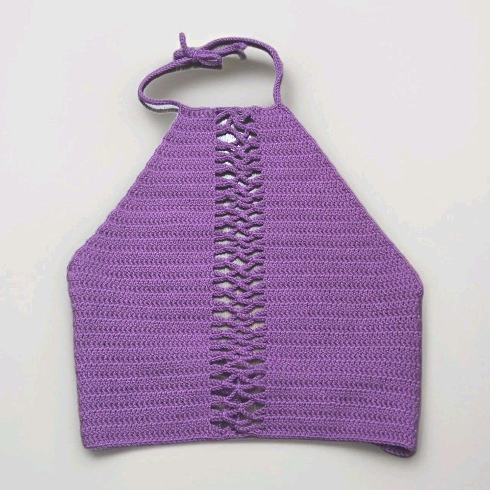 Handmade Crochet Halter Top Purple Knit Crop Top Boho Hippie Festival Backless - Picture 2 of 6